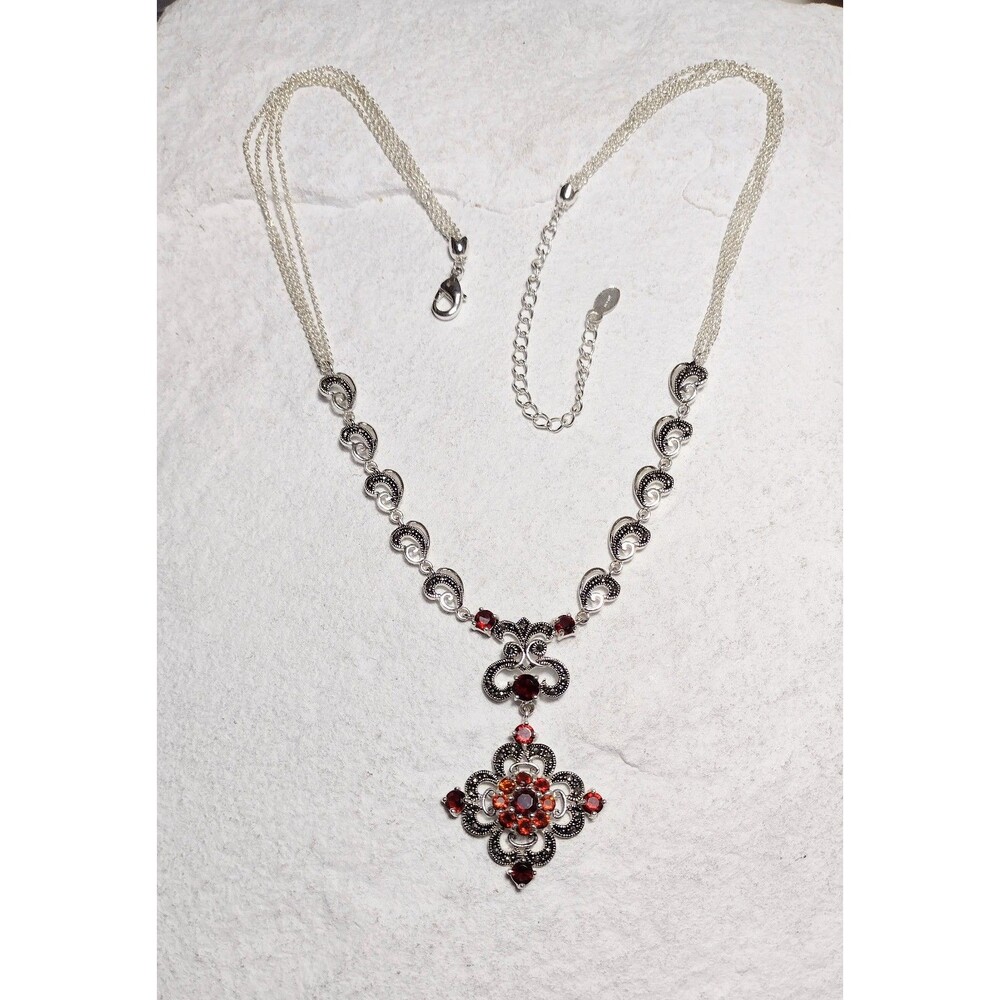 Ornate Garnet CZ Marcasite Silver Filigree Pendant Necklace Signed - Picture 11 of 12